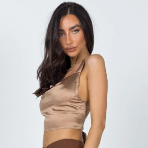 Princess Polly Raelynn Satin Brown Cowl Neck Cross Lace Up Back Halter Crop Top - Picture 2 of 6